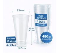 TEMU VORTEX PACK 25 COCKTAIL y Vasos reutilizable plástico PP, Vasos de forma troncocónica de capacidad 480ml con bolsas