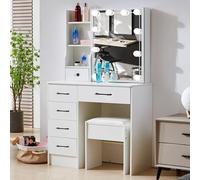 Teousev Tocador de Maquillaje con Espejo Deslizante y Luz Regulable, Mesa de Maquillaje Amplia con Taburete y Guía en Vídeo, Vanity de Maquillaje con 6 Cajones y 6 Estantes, Blanco, 36×80×131 cm, J356