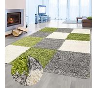 Teppich-Traum Alfombra Peluda de Pelo Alto con Diseño de Cuadros en Verde Gris Crema, 160x230cm