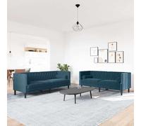 Terciopelo suave Chesterfield relajación 174 x 74.5 x 70.5 cm Azul | Set de Sofás Chesterfield de Terciopelo Azul con Cojines, 2 Piezas Sala Moderna, Tapizado Suave con Botones, Aptos para Salón