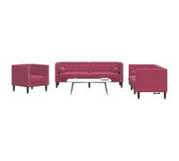 Terciopelo suave Chesterfield salon moderno 3 piezas Rojo 71x74x70 cm | Set de Sofás Chesterfield 3 Piezas con Cojines Terciopelo Rojo Tinto Sillón y Sofás 2-3 Plazas Sala Estar Elegante