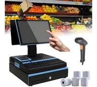 Terminal caja registradora con pantalla táctil para comercio minorista,Terminal TPV con escáner portátil,5 rollos papel,cajón portamonedas,teclado e impresora para oficinas y restaurantes,B