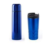 Termo 500 ml y vaso térmico de 310 ml café para llevar. Pack de botella y taza con doble pared para mayor conservación de bebidas frias o calientes. Para viajar en coche, ir al trabajo, clases .(AZUL)