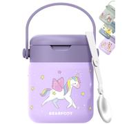 Termo de comida infantil inox 500 ml (Unicornio - Lila) | Hermético, doble pared aislante, cuchara plegable en la tapa y asa de transporte - para el cole, la guardería y excursiones