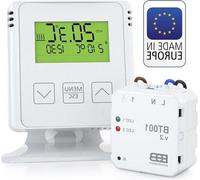 Termostato inalámbrico con base receptora: alcance de hasta 35 metros, compatible con calefacción eléctrica e infrarroja, programas semanales, protección contra heladas, color blanco