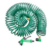 TERRE JARDIN Manguera de jardín en espiral 25 m - Ligera y flexible - Racor de diámetro 19 mm - Pistola de riego de 5 posiciones - Color verde - plástico y latón
