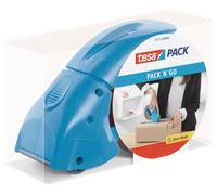 tesapack PACK'N'GO, Dispensador Ergonómico Azul de Cinta de Embalaje Manual para Cinta Adhesiva, Incluye Rollo de Cinta de 50 m x 48 mm