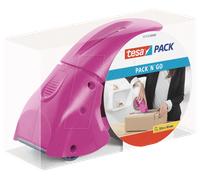 tesapack PACK'N'GO, Dispensador Ergonómico Rosa de Cinta de Embalaje Manual para Cinta Adhesiva, Incluye Rollo de Cinta de 50 m x 48 mm