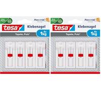 tesa 77774 - Clavo adhesivo ajustable (para papel pintado y yeso, altura regulable, autoadhesivo, hasta 1 kg de potencia de sujeción por clavo), 4 unidades, color blanco (Paquete de 2)