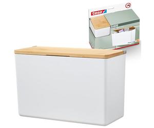 tesa Baboo Organizador de Baño XL con Tapa de Bambú, Caja Organizadora, Montaje sin Taladro, con Tiras Impermeables Powerstrips XL, Blanco Mate, 242 mm x 160 mm x 102 mm