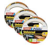 tesa Cinta Adhesiva Universal Extra Power - Celo Adhesivo con Fijación Extra Fuerte - Cinta Multiusos Versátil para Reparaciones, Fijación, Sellado y Más - Blanco - 3 Rollo - 10 m x 50 mm