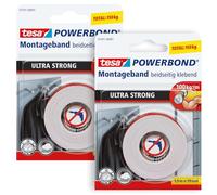 tesa Cinta de montaje Powerbond ULTRA STRONG - 2 rollos de 1,5 m | Pack de 2 cintas de montaje de doble cara extrafuertes - fijación permanente en interiores y exteriores