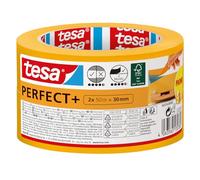 tesa Cinta de Pintar Perfect+ - Cinta de Carrocero de Papel tipo Washi Fino - Trabajos de Pintura y Enmascarado de Precisión - Uso en Interiores - 2x 50 m x 30 mm, Amarillo