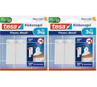 tesa Clavo Adhesivo para Azulejos y Metal 3 kg, Clavo Adhesivo de Alta Resistencia para Superficies Lisas en Baños y Cocinas, Gancho de Tira, Sostiene hasta 3 kg (Paquete de 2)