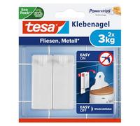 tesa Clavos adhesivos para azulejos y metal - 3 kg - 2 clavos con tiras | Clavos de pared para superficies lisas y firmes en bańo y cocina - 3 kg - sin taladrar - sin dejar marcas