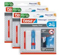 tesa® - Clavos adhesivos para fijar lienzos y marcos a papel pintado y yeso, 3 unidades, altura ajustable, adherencia de hasta 2 kg, sin rayas, color blanco, 3 x 2 clavos