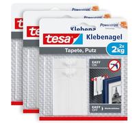 tesa Clavos adhesivos para papel pintado y enlucido - 2 kg - 3 x 2 uds. | Pack de 3 clavos autoadhesivos para superficies delicadas - 2 kg por clavo - sin taladrar - sin dejar marcas