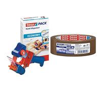 tesa Dispensador Manual Economy, Dispensador de Cinta Adhesiva Manual para Cintas de Embalaje de hasta 50 mm de Ancho & Cinta de embalaje tesapack fuerte (66 m x 50 mm) color marrón
