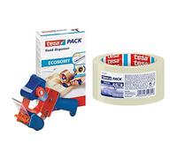 tesa Dispensador Manual Economy, Dispensador de Cinta Adhesiva Manual para Cintas de Embalaje de hasta 50 mm de Ancho & Cinta de embalaje pack fuerte (66 m x 50 mm), transparente