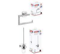 tesa ELEGAANT portarrollos sin Tapa + tesa ELEGAANT escobillero, Cromado, con Cristal Pulido - para Montaje en Pared sin taladrar, Incl. Potente solución Adhesiva