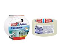 tesa extra Power Clear Duct Tape - Cinta impermeable de reparación transparente para exteriores, 10 m x 50 mm & Cinta de embalaje pack fuerte (66 m x 50 mm), transparente