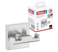 tesa EXXCLUSIV - Gancho Adhesivo Doble - Montaje sin Taladrar - Alta Fuerza de Fijación con Tecnología Power.Kit - 50 x 80 x 43 mm - Acero Inoxidable