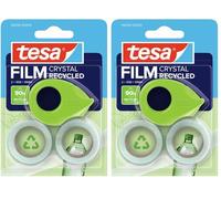 tesa film eco & crystal Cinta Adhesiva Transparente de Plástico PET reutilizado, Resistente al Rasgado, con una Fuerte Capacidad de Adhesión, Set con Dispensador de Mesa, 1 Rollo de 10 m x 19 mm