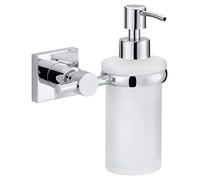 tesa HUKK Juego de dispensador de jabón líquido de cristal satinado y acero inoxidable cromado - Dispensador de jabón líquido para montaje en pared sin taladrar, incluye solución adhesiva, 127 mm x