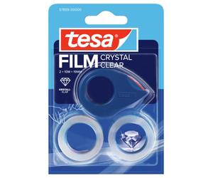 tesa Mini Dispensador con 2 rollos Crystal Clear - 10 m x 19 mm | Dispensador manual compacto y recargable - Para pegar con una mano - Incluye 2 rollos - Rojo/azul