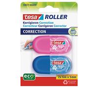 tesa Mini Roller Corrector ecoLogo, Paquete de 2 Cintas Correctoras Ergonómicas Pequeñas Azul y Rosa, Dimensiones de la Cinta 6 m x 5 mm