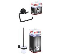 tesa Moon Black Set: Portarrollos de Papel higiénico - portarrollos sin Tapa para Cuartos de baño y WC - Set con portarrollos y escobilla de WC, Negro Mate - sin taladrar, Incl. solución Adhesiva
