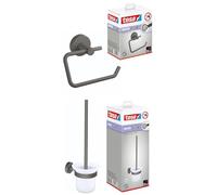 tesa Moon Grey portarrollos de Papel higiénico sin Tapa - sin Taladro, Incl. solución Adhesiva + tesa Moon Grey Juego de Papel higiénico, Juego con portarrollos y escobillero Incl. solución Adhesiva