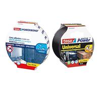 tesa Powerbond Cinta Doble Cara ESPEJOS, Cinta Adhesiva Resistente a la Humedad 5 m x 19 mm & Extra Power Universal, Cinta Adhesiva Americana Reforzada Negra, 10 m x 50 mm