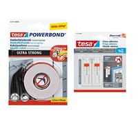 tesa Powerbond Ultra Fuerte: cinta de doble cara 1,5m x 19mm & Powerstrips - Clavo Adhesivo Ajustable para Yeso y Pared Pintada - Fuerza de Fijación hasta 1 kg con Tecnología Blanco