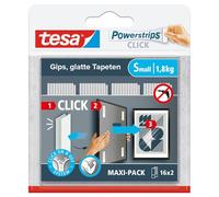 tesa Powerstrips CLICK - Tiras Adhesivas para Colgar y Descolgar Marcos de Fotos y Decoraciones sin Taladrar - Almohadillas Autoadhesivas con Sistema de Clic ON y OFF - Pequeñas - 16 x 2 Unidades