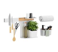 tesa Set Organizador de Cocina EG - Riel Autoadhesivo, Maceta para Hierbas, 2 Repisas, Recipiente para Fregadero, Portacuchillos, Portarrollos, Barra de 3 Ganchos - Montaje sin Taladrar - Bambú/Blanco