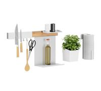 tesa Set Organizador de Cocina G - Riel Autoadhesivo con Maceta para Hierbas, 2 Repisas, Portacuchillos, Portarrollos y Barra con 3 Ganchos - Montaje sin Taladrar - Bambú/Blanco