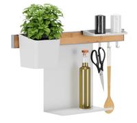 tesa Set Organizador de Cocina P - Riel Autoadhesivo con Maceta para Hierbas, 2 Repisas, Barra con 3 Ganchos - Montaje sin Taladrar - Bambú/Blanco