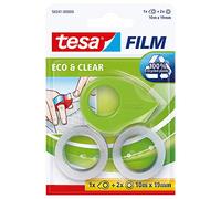 tesafilm CLEAR RECYCLED - cinta adhesiva transparente de plástico 100% reciclado, 2 rollos 10 m x 15 mm + dispensador manual (blíster)