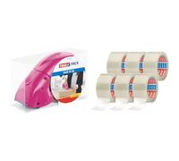 tesa tesapack dispensador Pack' n' Go - Dispensador manual rosa para cinta de paquetería - Incluye cinta de 50 m x 48 mm + tesapack 64014 en un paquete de 6 rollos de 66 m cada uno