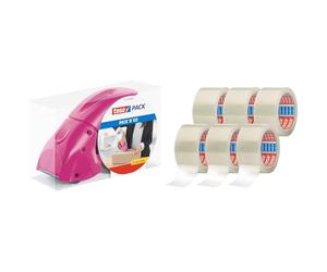 tesa tesapack dispensador Pack' n' Go - Dispensador manual rosa para cinta de paquetería - Incluye cinta de 50 m x 48 mm + tesapack 64014 en un paquete de 6 rollos de 66 m cada uno