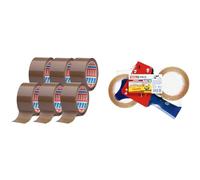 tesapack - Cinta Adhesiva Universal para Embalar, Sellar y Empaquetar & Dispensador de Cintas de Embalaje y pack Fuerte en Set, 2 Cintas de Alta Calidad