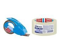 tesapack PACK'N'GO, Dispensador Ergonómico Azul de Cinta de Embalaje Manual para Cinta Adhesiva, Incluye Rollo de Cinta de 50 m x 48 mm & Cinta de embalaje pack fuerte (66 m x 50 mm), transparente