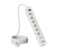 TESSAN 10 en 1 Regletas Enchufes de 6 Tomas con 2 USB C(20W), Alargador Enchufe 5 Metros, Ladron Enchufes 3680W con Interruptor, Enchufe Plano Regleta para Casa, Oficina, Cocina, Salón, Blanco