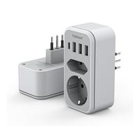 TESSAN Adaptador Enchufe Italiano a Español, 6 en 1 Adaptador Italia España con 1 USB C y 3 USB A, Enchufe Italiano 2500W, Adapter Español a Italia, Adapter Tipo L para Italy Chile