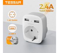 TESSAN Extensor de enchufe múltiple para pared europea con 1 toma y 2 USB-A, adaptador de enchufe mini con protección contra sobrecarga para el hogar y viajes 1Outlet 2USB-A