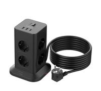 TESSAN Regleta Enchufe Plano, 8 Tomas Protección Sobretensión, 5M, Negro | Torre Multiple con USB C, Torre Regleta Vertical con Interruptor, Alargador Enchufe 5 Metros, 3600W para Oficina, Casa