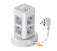 TESSAN Regleta Enchufes con USB C, 11 en 1 Regleta Vertical con Interruptor, Torre Alargador Enchufe con Cable de Extensión Retráctil 2M, 2500W, Gris