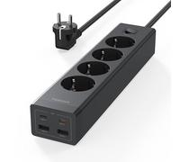 TESSAN Regleta Enchufes con USB C, 20W Carga Rápida GAN, 4 Tomas y 4 Puertos USB, Alargador 2m, Protección Sobretensiones 3600W, Negro