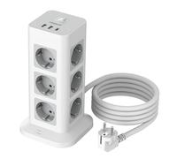 TESSAN Regleta Enchufes Proteccion Sobretension 12 Tomas con 1 USB C y 2 USB A, Torre Regletas Enchufes Vertical con Interruptor, 15 en 1 Torre Multiple, 3600W Toma de Alargador 2M, Gris